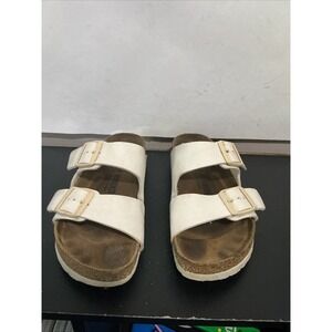 Birkenstock Arizona White Leather Sandals Womens 40 Flat Slide Buckle 552681